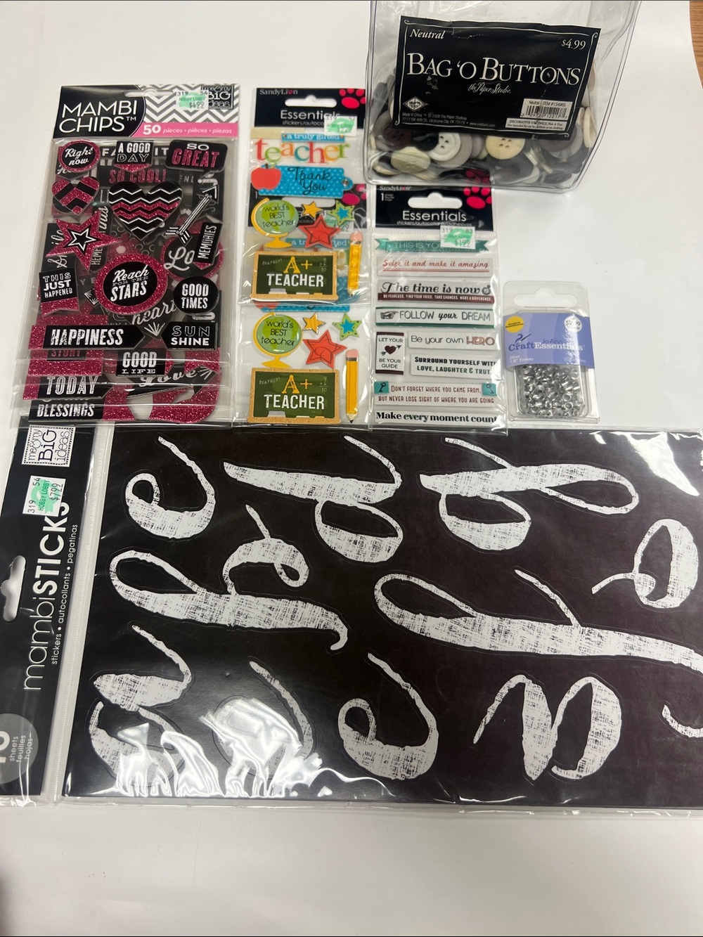 Mambi Sticks, Mambi Chips, Essential Stickers, Bag ‘O Buttons, and Eyelets NWT
